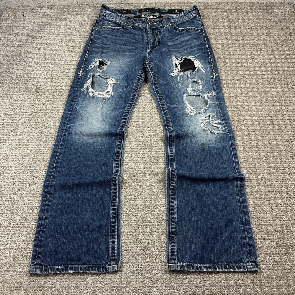Y2K Affliction Black Premium Cooper Relaxed Boot Buckle Distressed Jeans 31